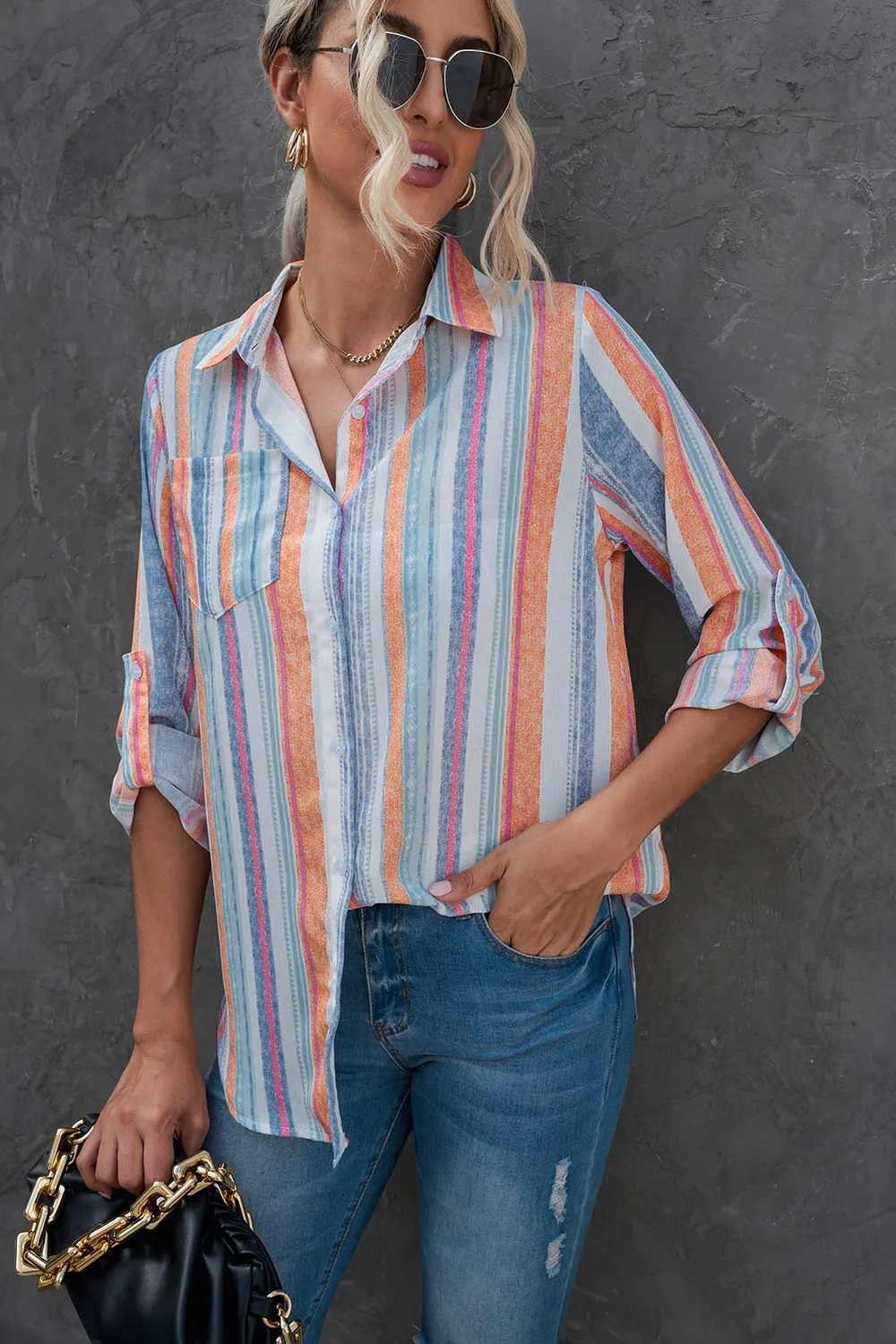 Striped Button-Up Curved Hem Shirt with Breast Pocket, image 4