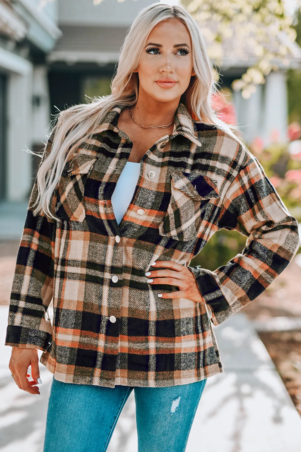 Plaid Button Front Shirt Jacket with Breast Pockets, image 9