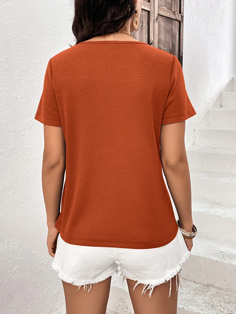 Lace Trim Contrast Waffle-Knit Top, image 4