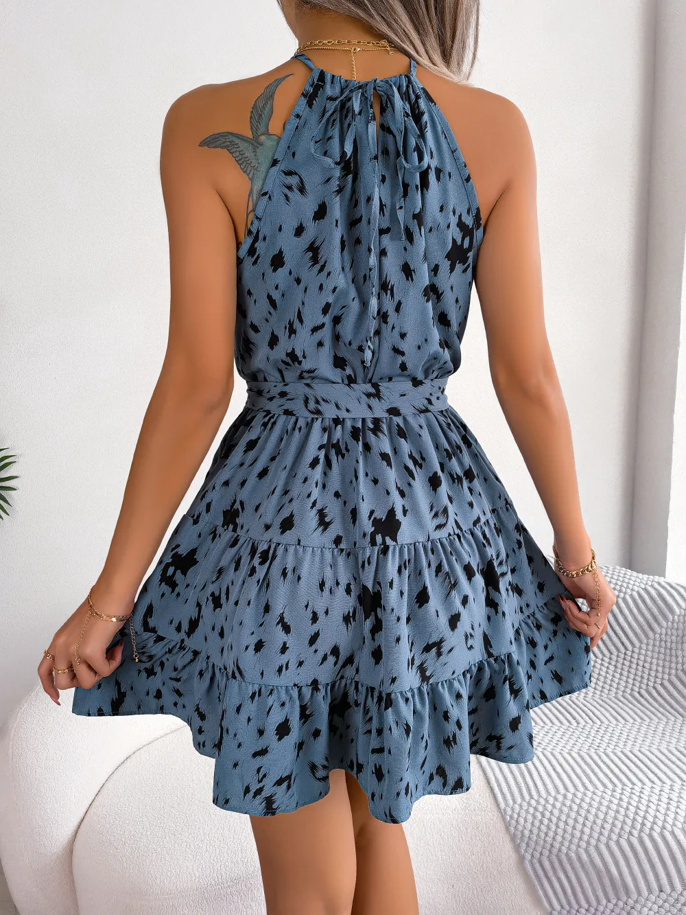 Halter Neck Printed Tie Waist Sleeveless Mini Dress, image 4