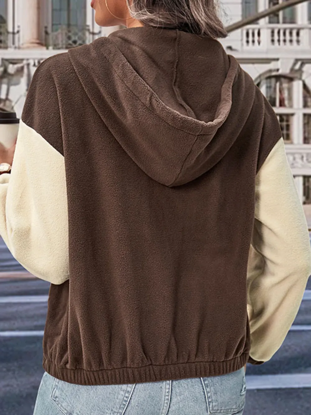 Two-Tone Zip-Up Dropped Shoulder Hooded Jacket, image 2
