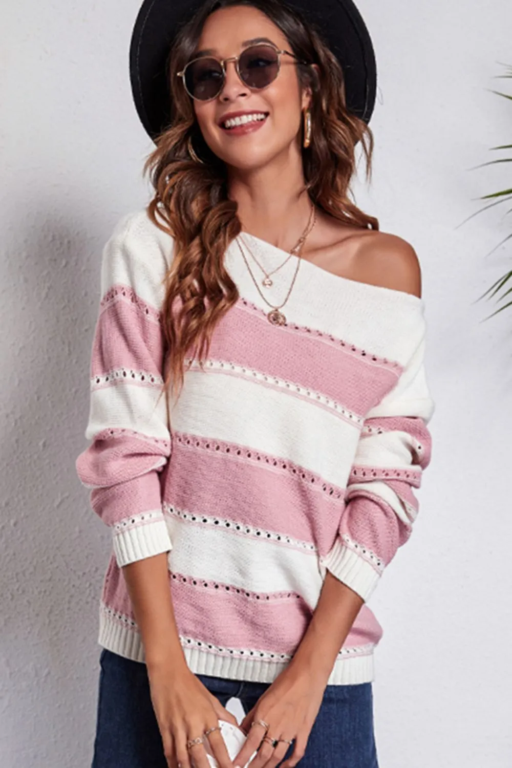 Striped Boat Neck Dropped Shoulder Sweater, image 4
