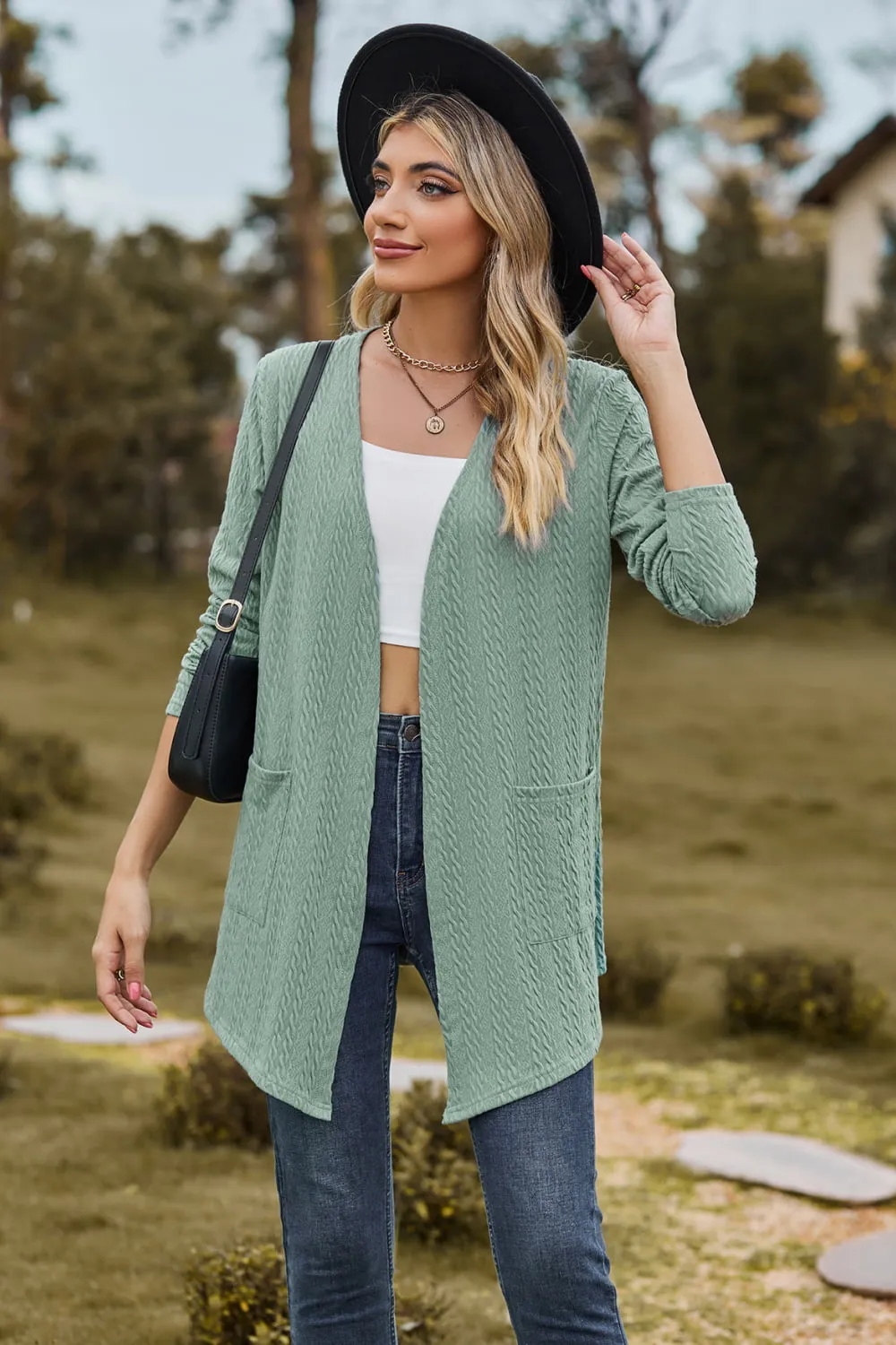 Cable-Knit Long Sleeve Cardigan with Pocket, image 4