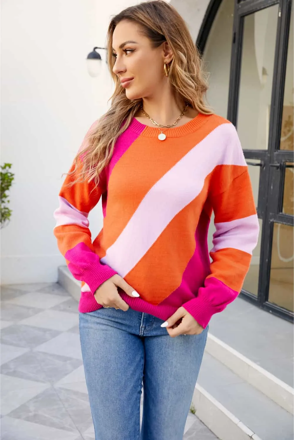 Color Block Ribbed Round Neck Sweater, image 2