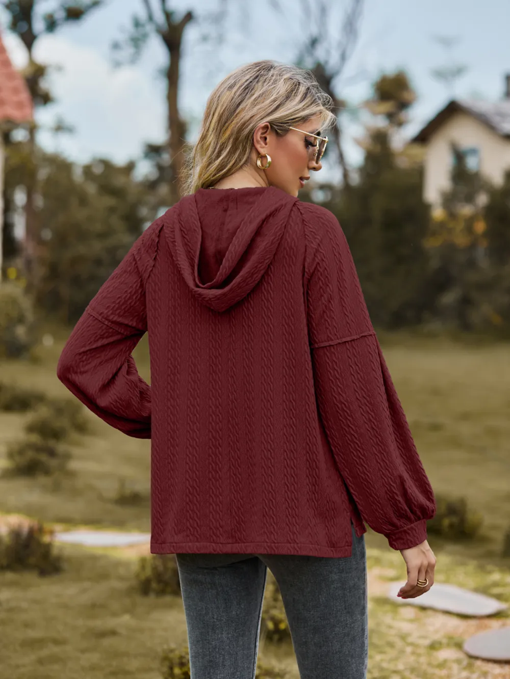 Cable-Knit Dropped Shoulder Hoodie, image 16