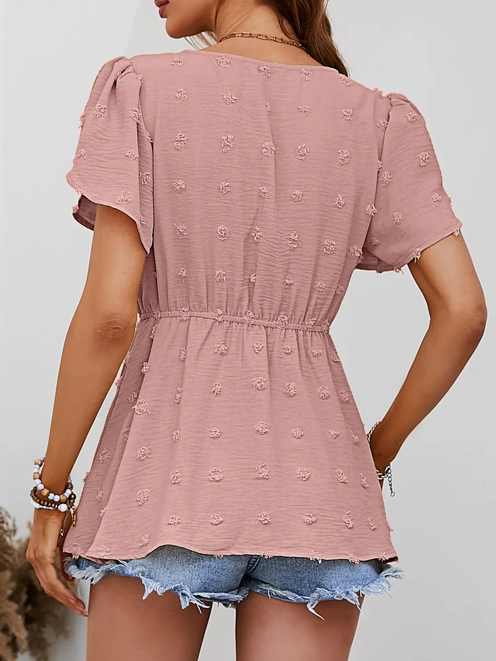 Swiss Dot Buttoned Petal Sleeve Peplum Blouse, image 3