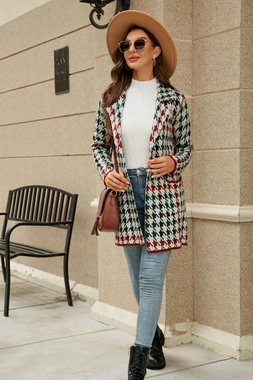 Printed Open Front Lapel Collar Cardigan with Pockets, image 13