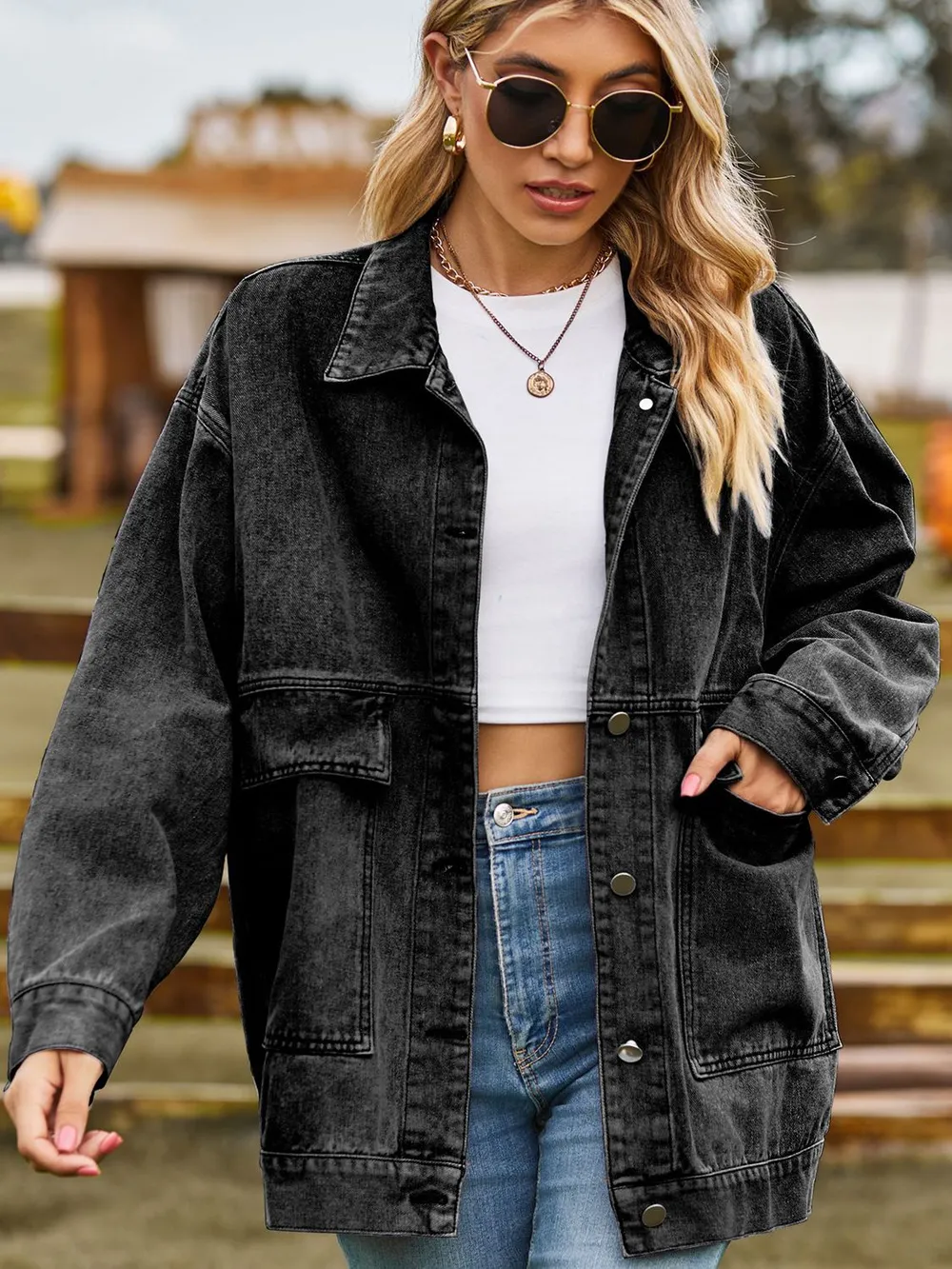 Dropped Shoulder Denim Jacket with Pockets, image 7