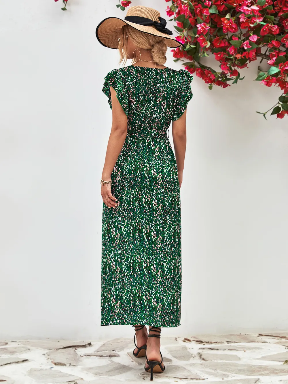 Printed Surplice Neck Flutter Sleeve Slit Dress, image 4