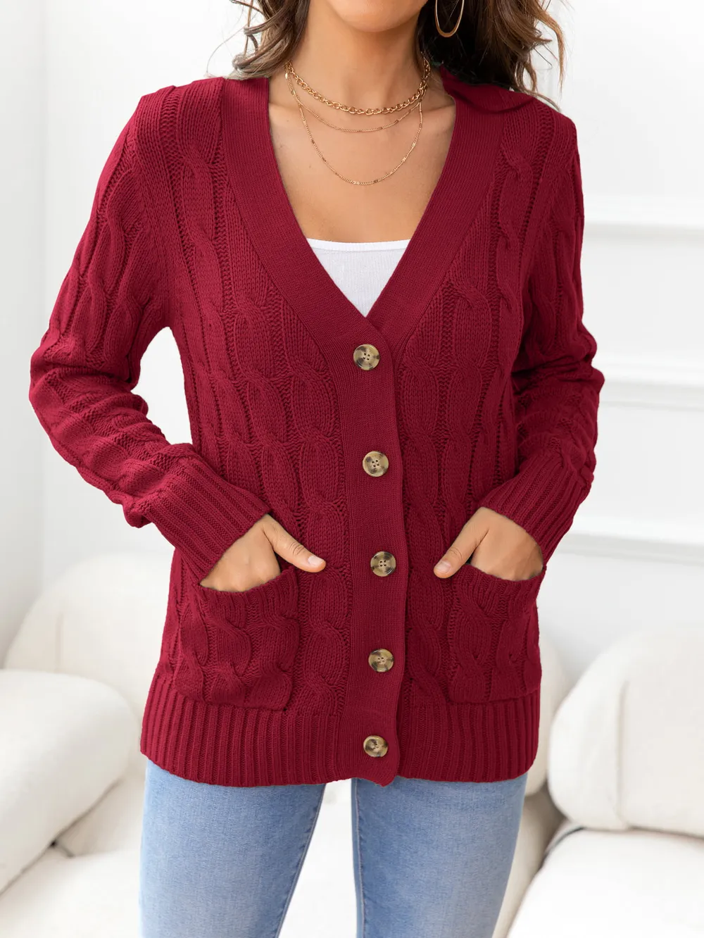 Button Down Cable-Knit Cardigan, image 6