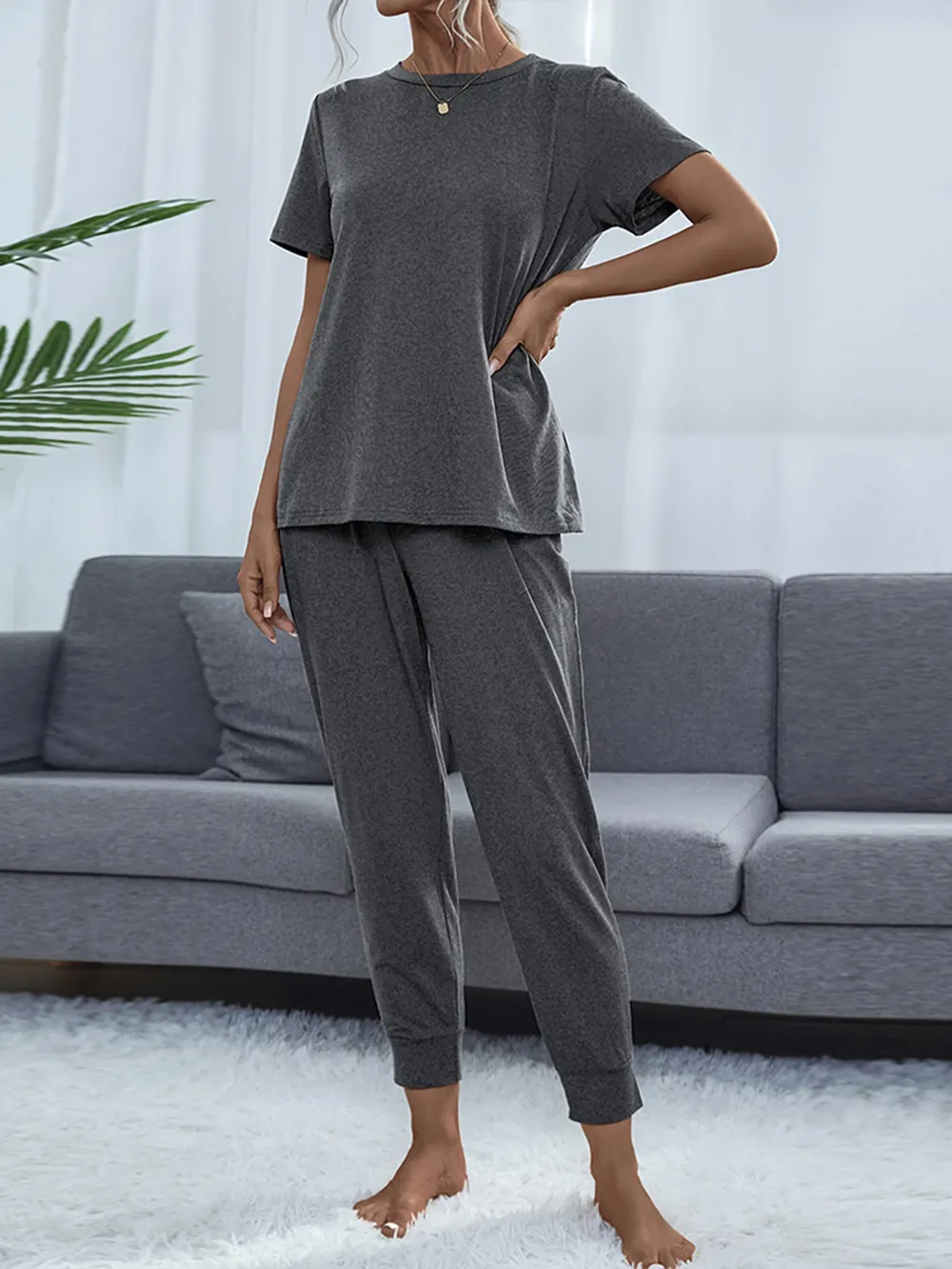 Round Neck Short Sleeve Top and Pants Set, image 10