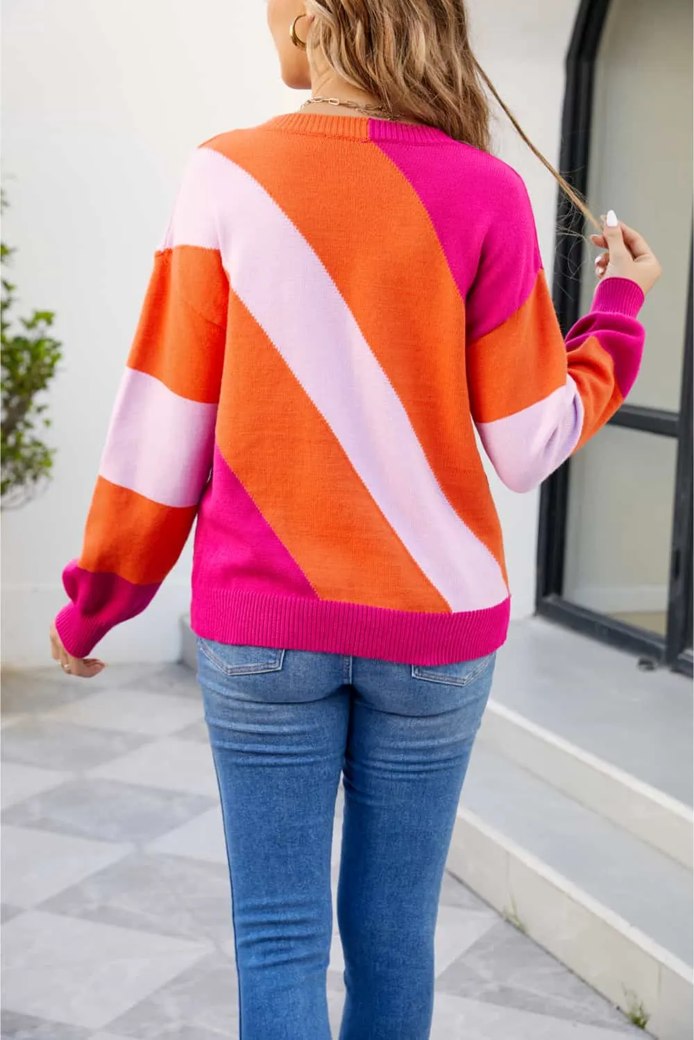 Color Block Ribbed Round Neck Sweater, image 3