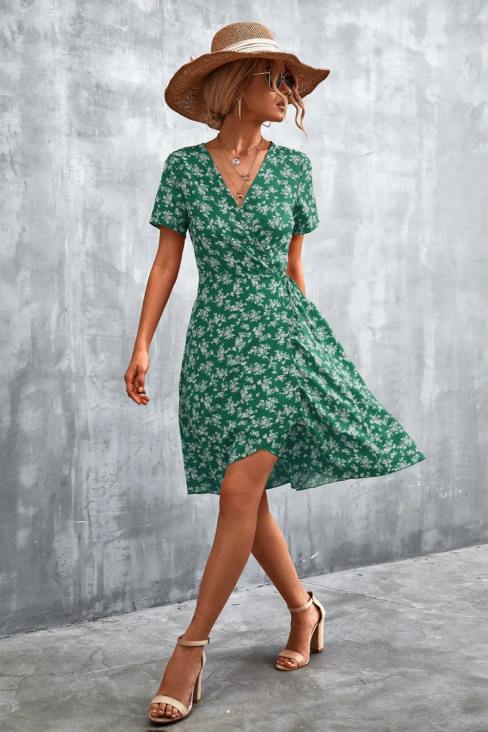 Floral Surplice Neck Flutter Sleeve Dress, image 8