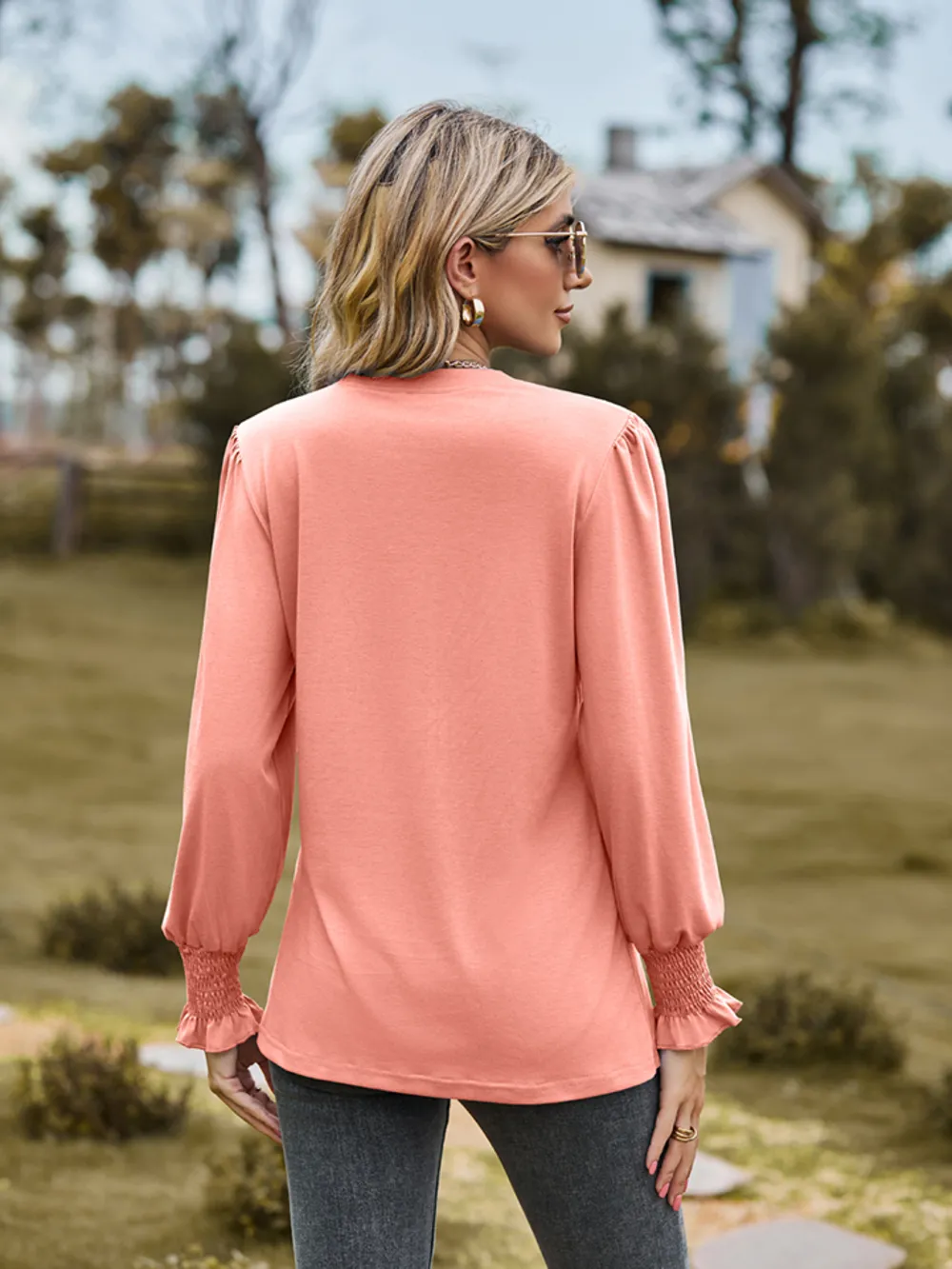 Notched Neck Flounce Sleeve Blouse, image 6