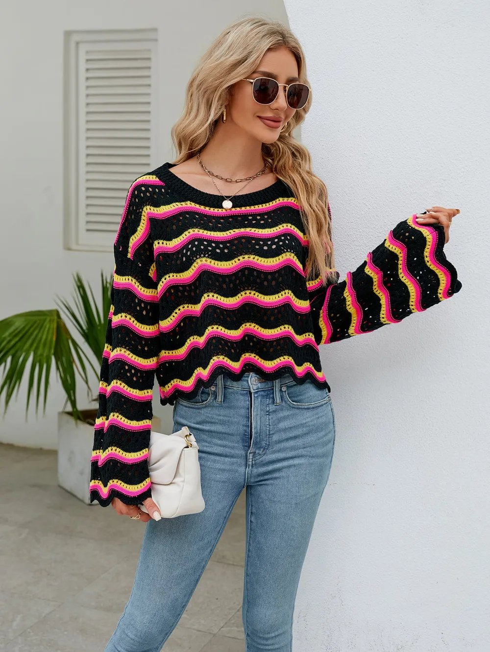 Round Neck Openwork Flare Sleeve Knit Top, image 14