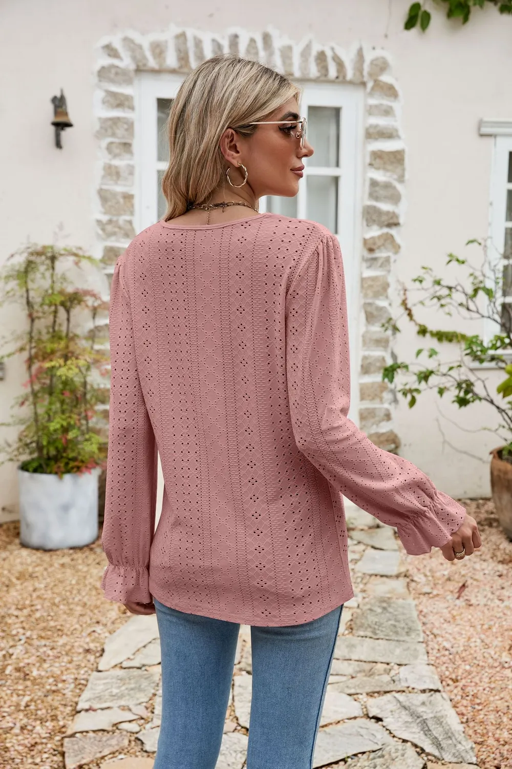 Eyelet Lace Trim Flounce Sleeve Blouse, image 11