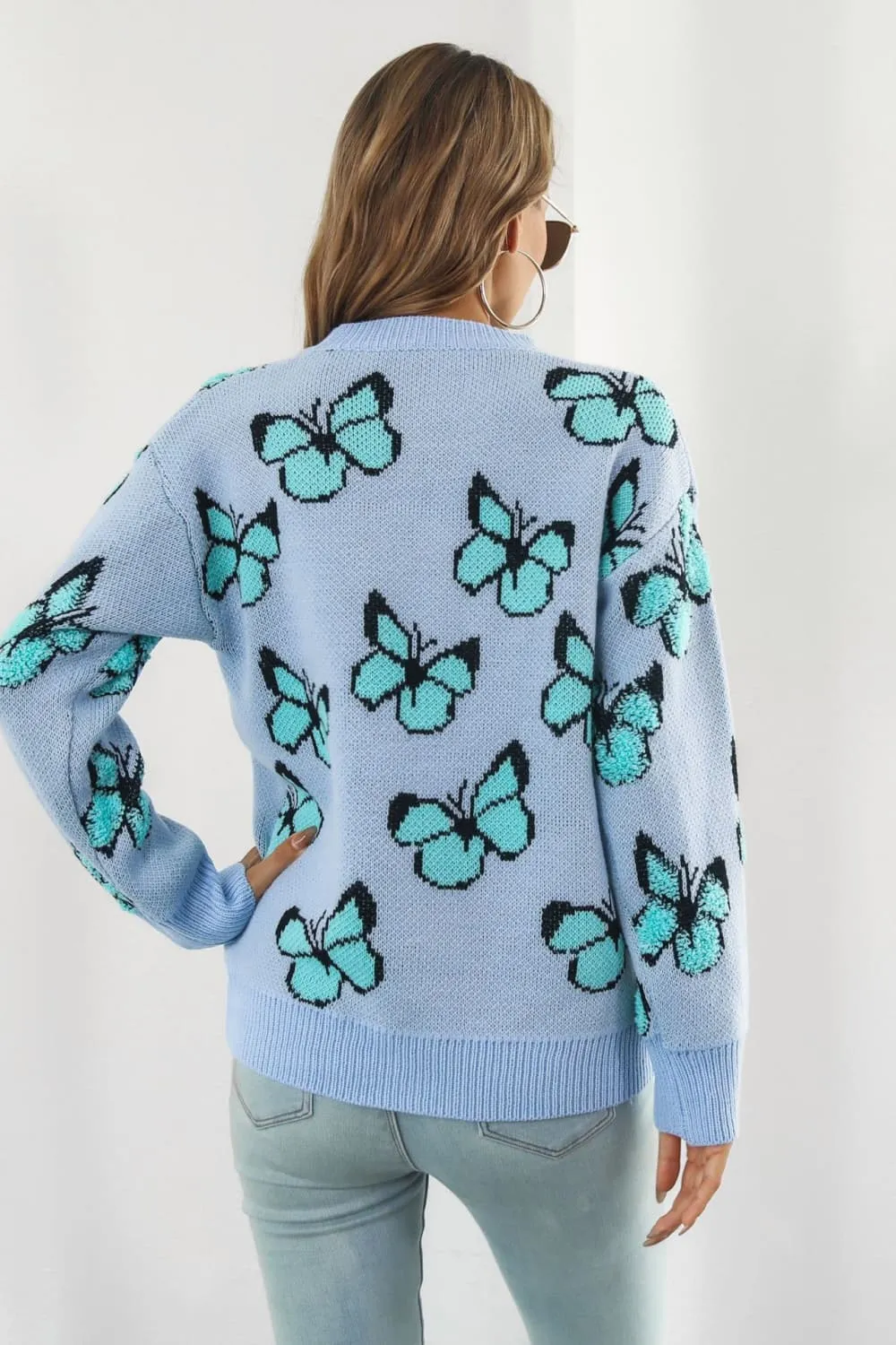 Butterfly Pattern Round Neck Dropped Shoulder Sweater, image 6