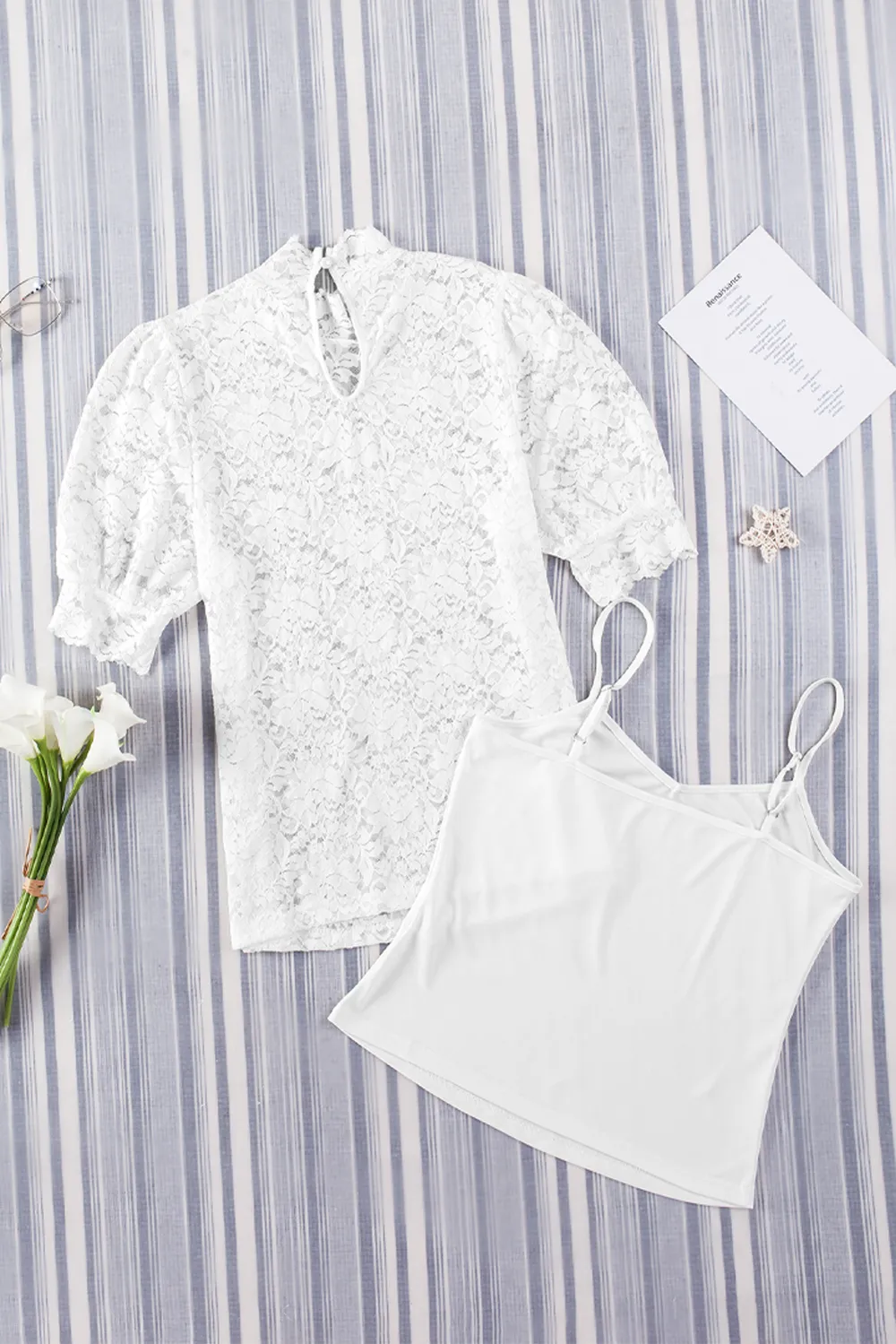 Lace Scalloped Short Puff Sleeve Top, image 14
