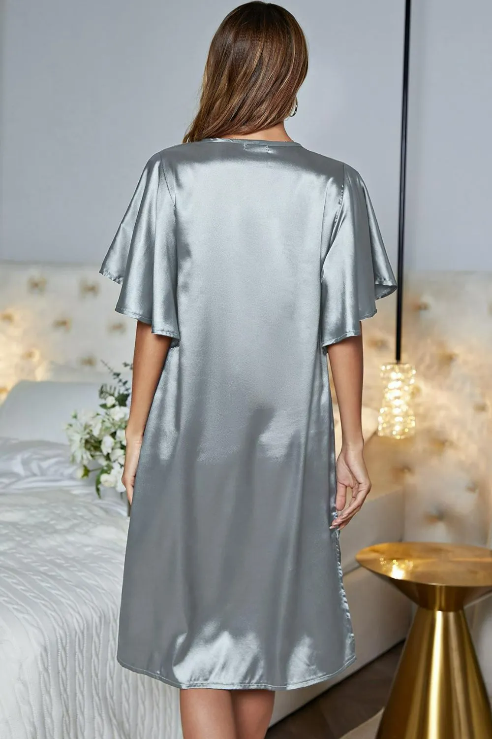 Satin Flutter Sleeve Side Slit V-Neck Night Dress, image 18