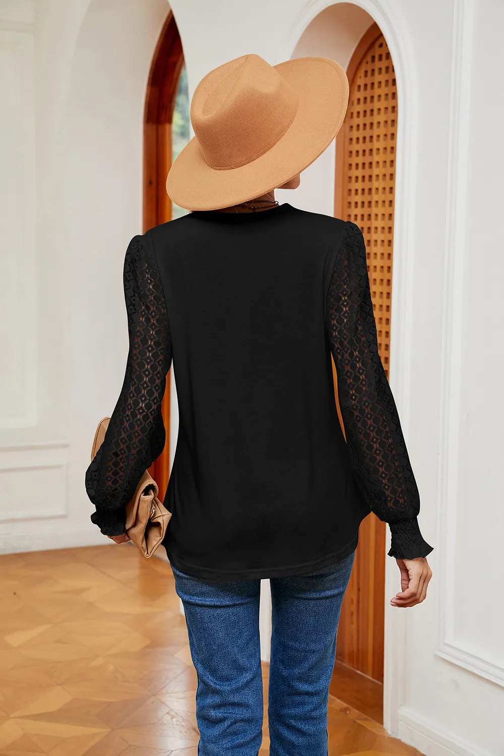 Contrast V-Neck Long Sleeve Blouse, image 13