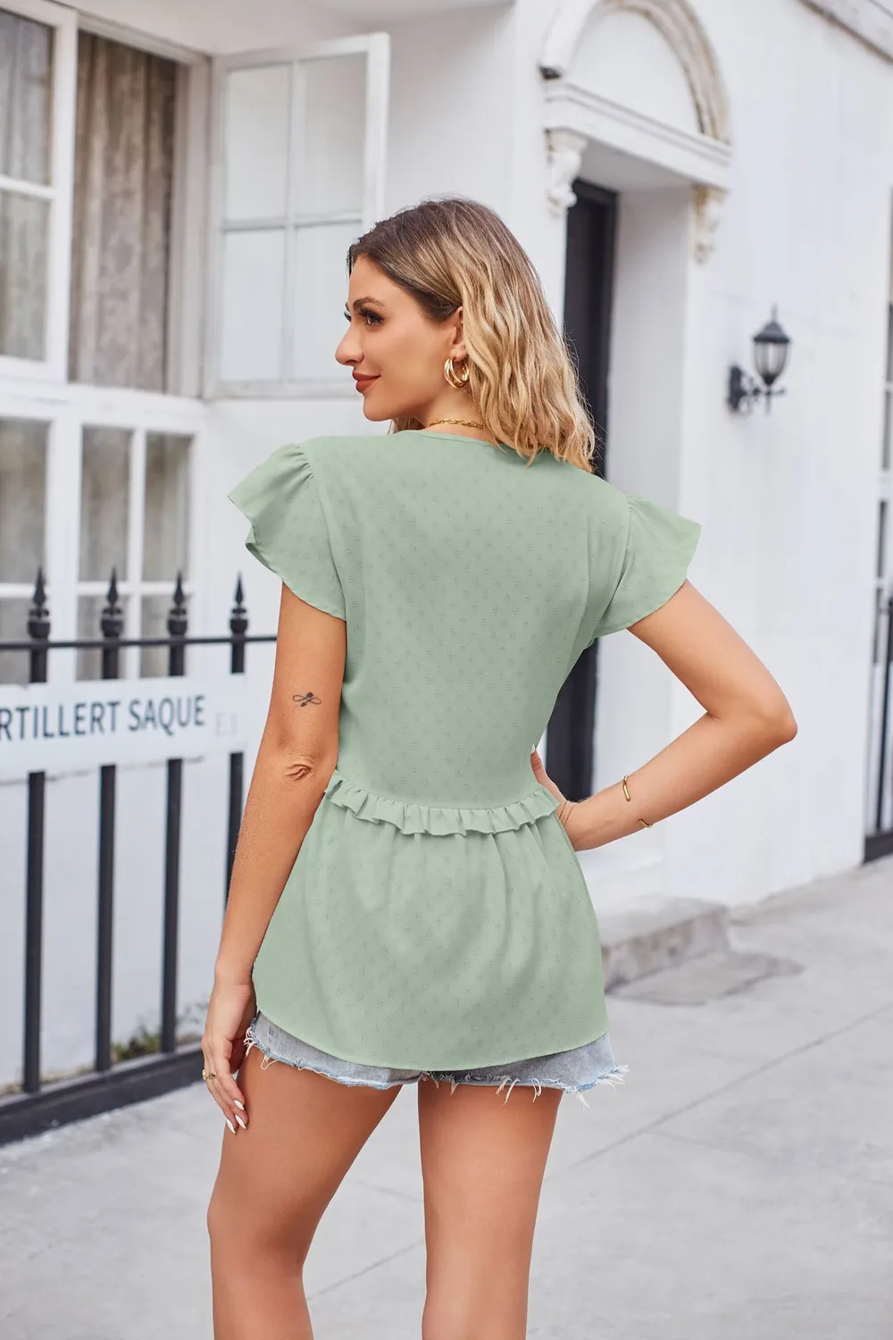 Buttoned V-Neck Ruffle Trim Top, image 3