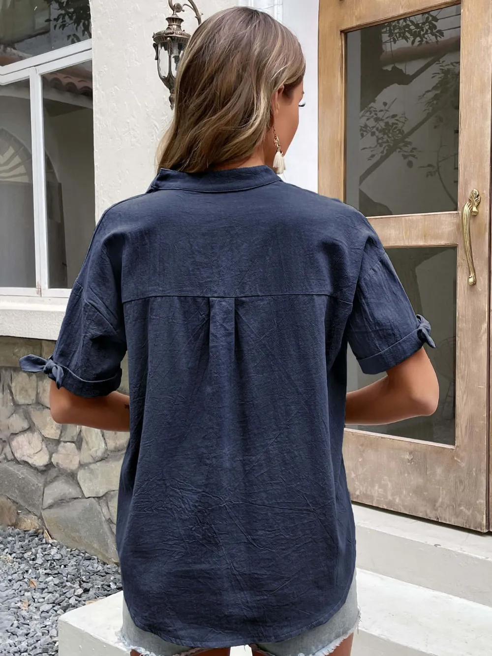 Buttoned Notched Neck Cuffed Sleeve Blouse, image 8