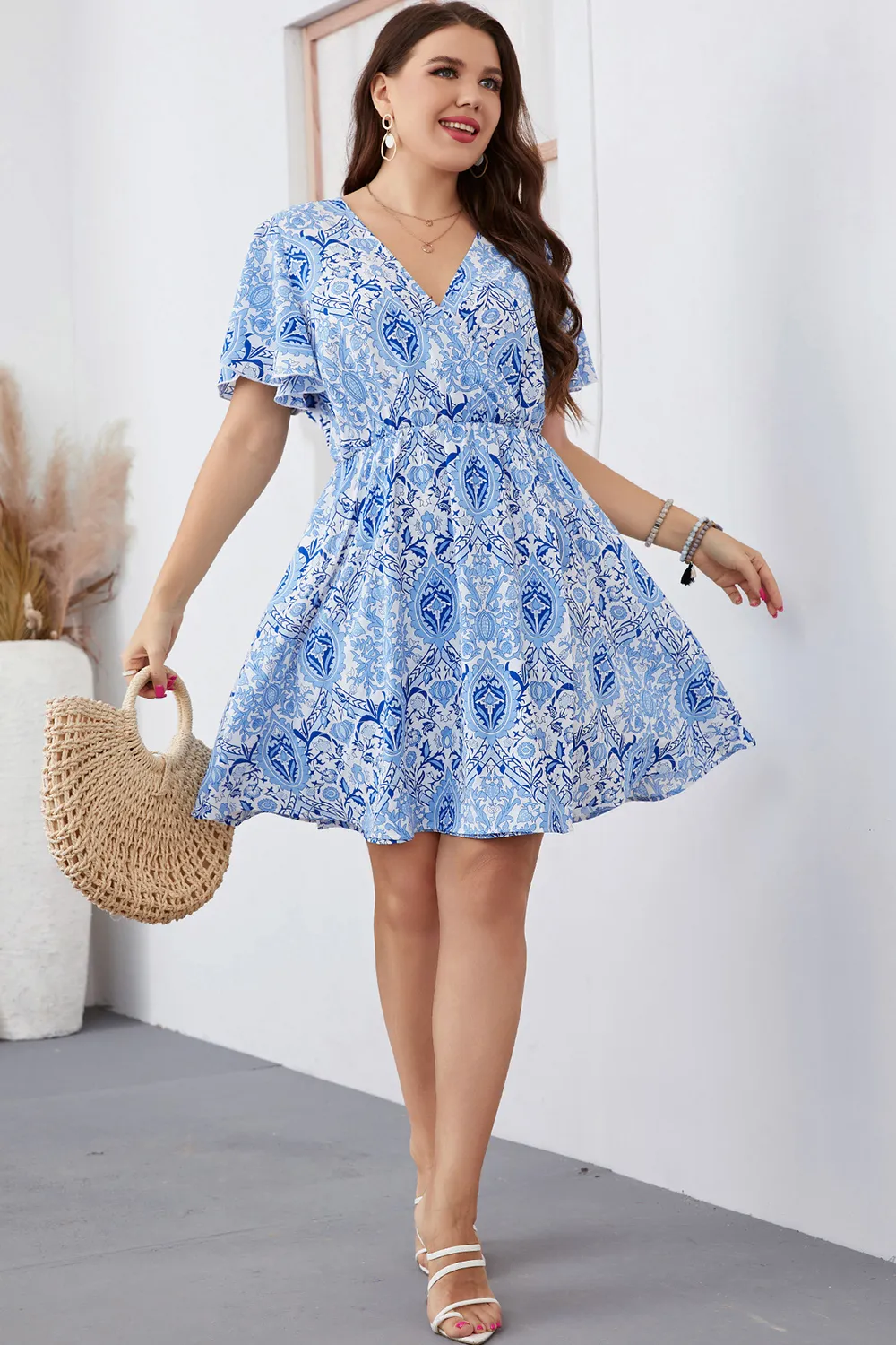 Plus Size Surplice Neck Flutter Sleeve Dress, image 2