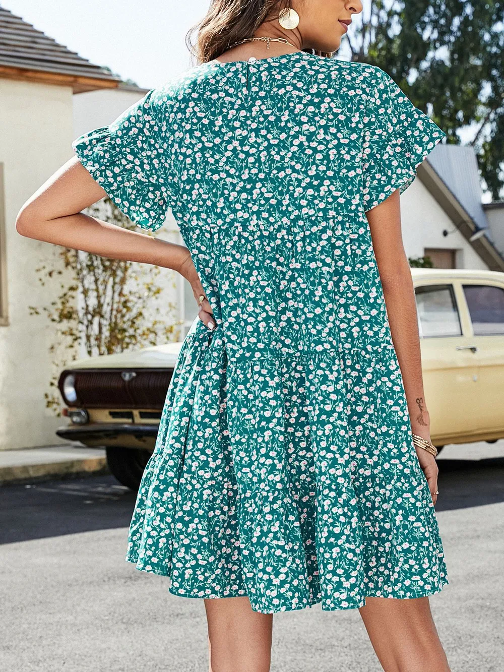 Short Flounce Sleeve Tiered Dress, image 4