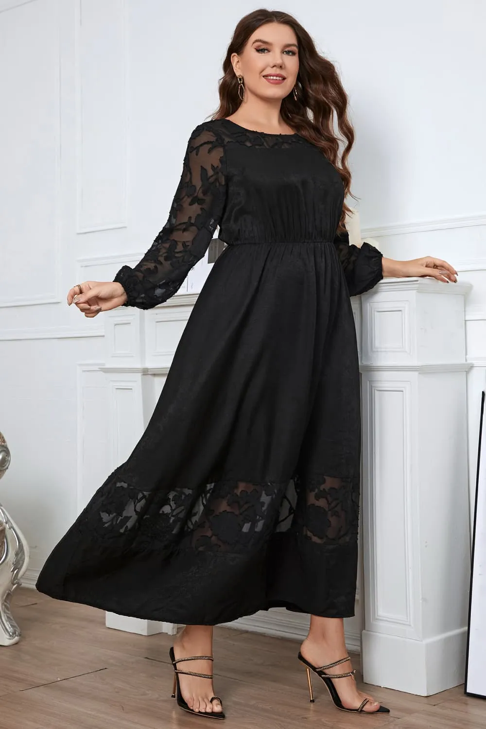 Melo Apparel Plus Size Embroidery Round Neck Long Sleeve Maxi Dress, image 2