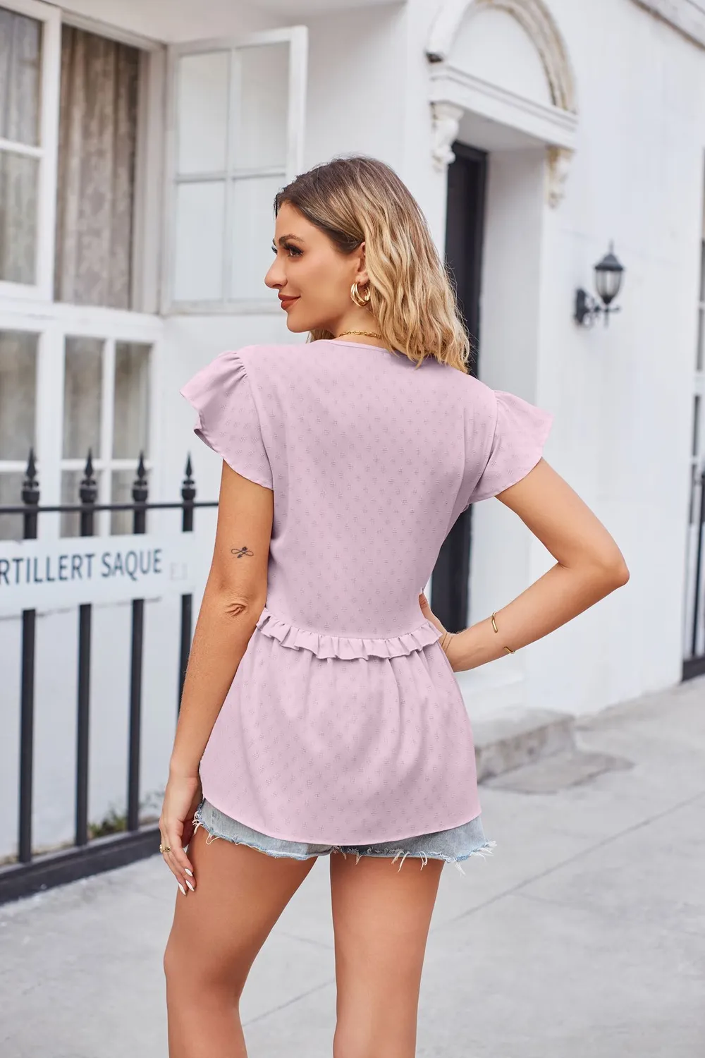 Buttoned V-Neck Ruffle Trim Top, image 17