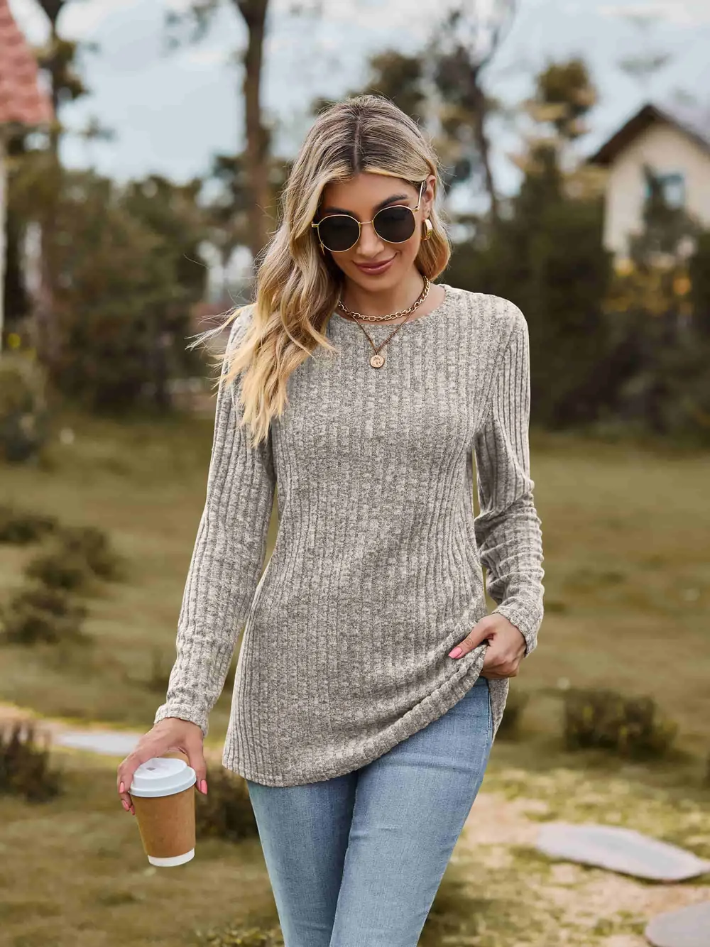 Ribbed Round Neck Long Sleeve Tee, image 10