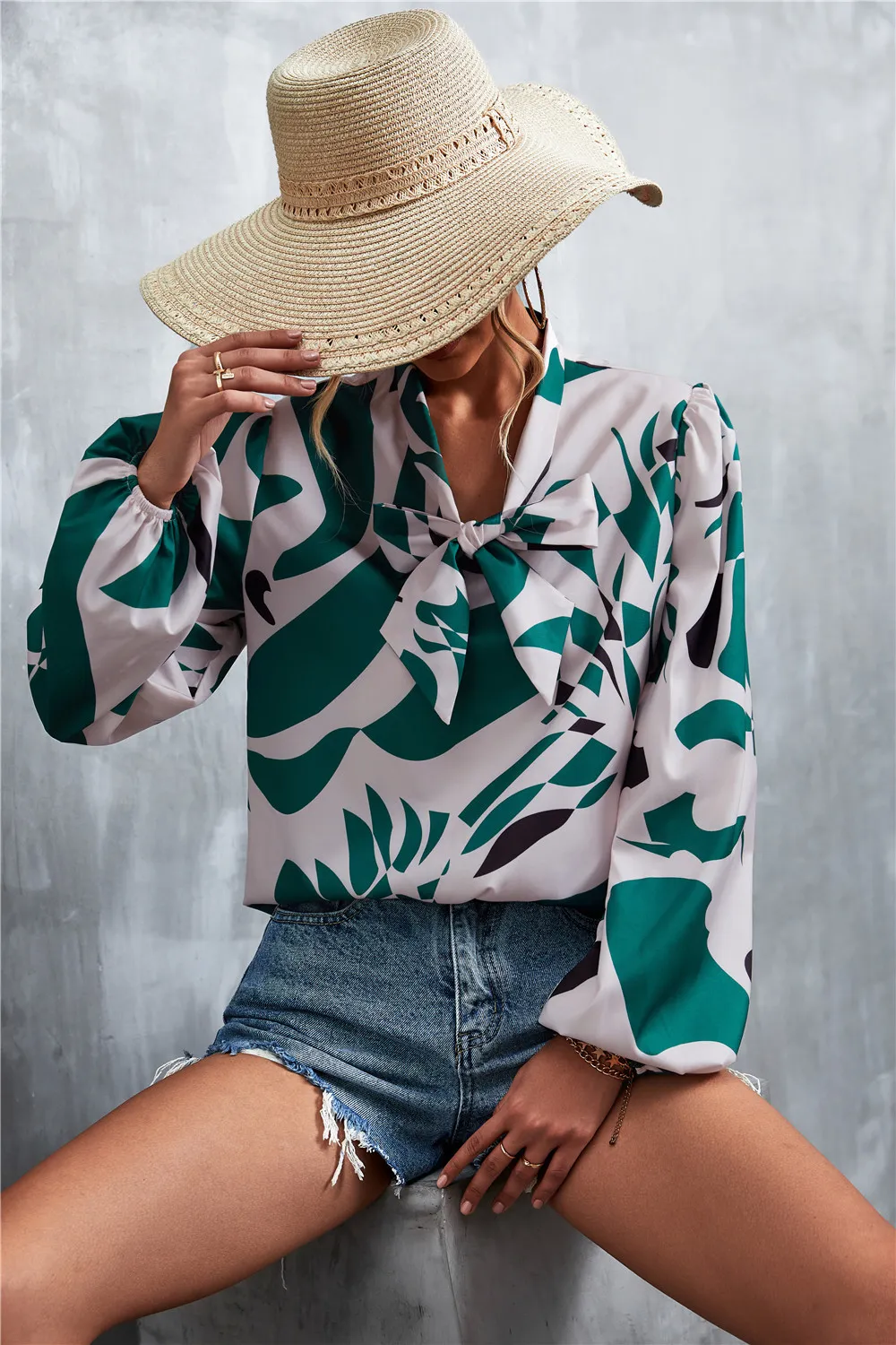 Printed Tie Neck Puff Sleeve Blouse, image 11
