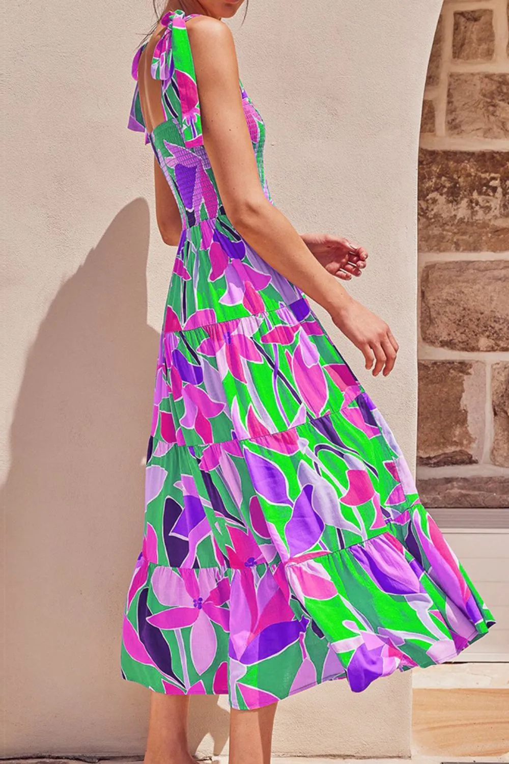 Floral Tie-Shoulder Smocked Midi Dress, image 3