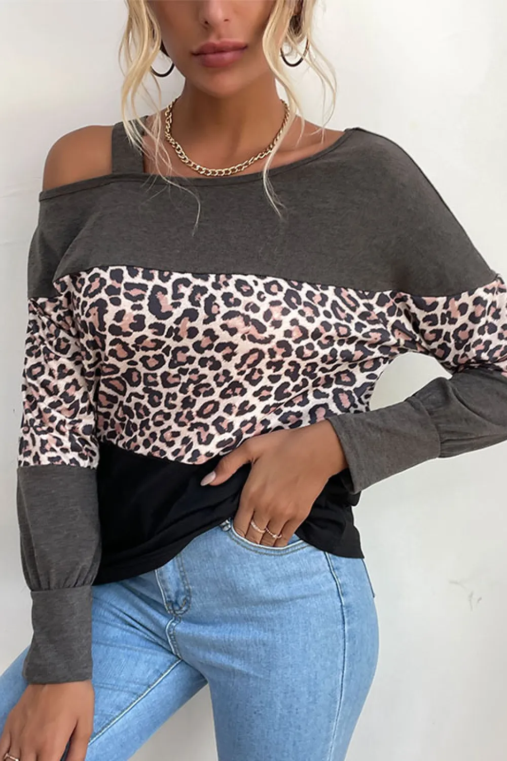 Leopard Print Color Block Cold Shoulder Top, image 2