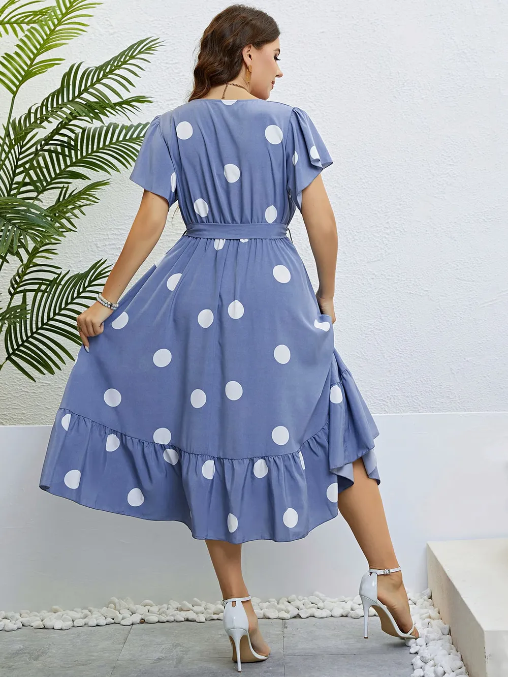 Polka Dot Belted Flutter Sleeve Ruffle Hem Dress, image 3