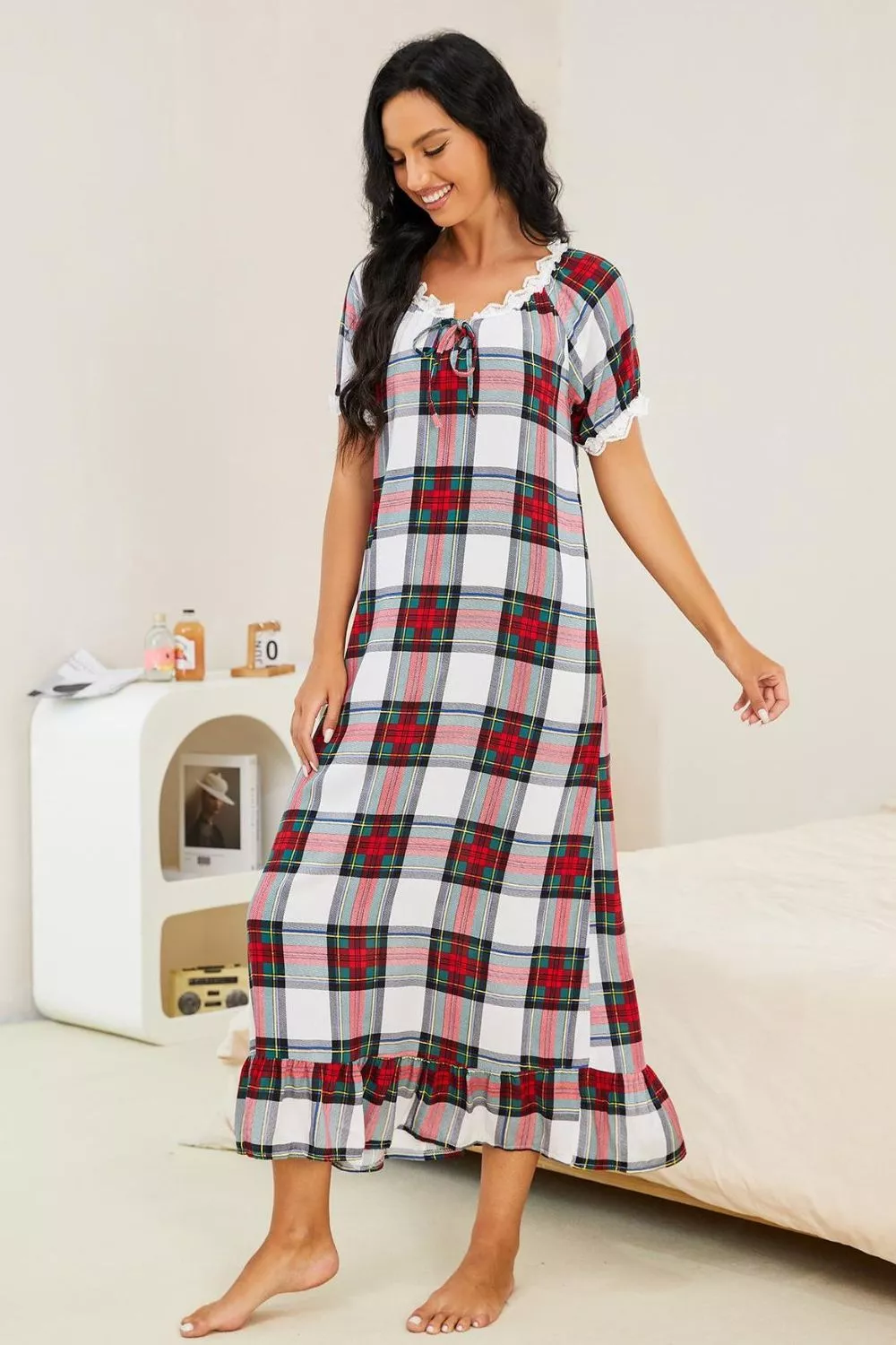 Plaid Lace Trim Ruffle Hem Night Dress, image 3