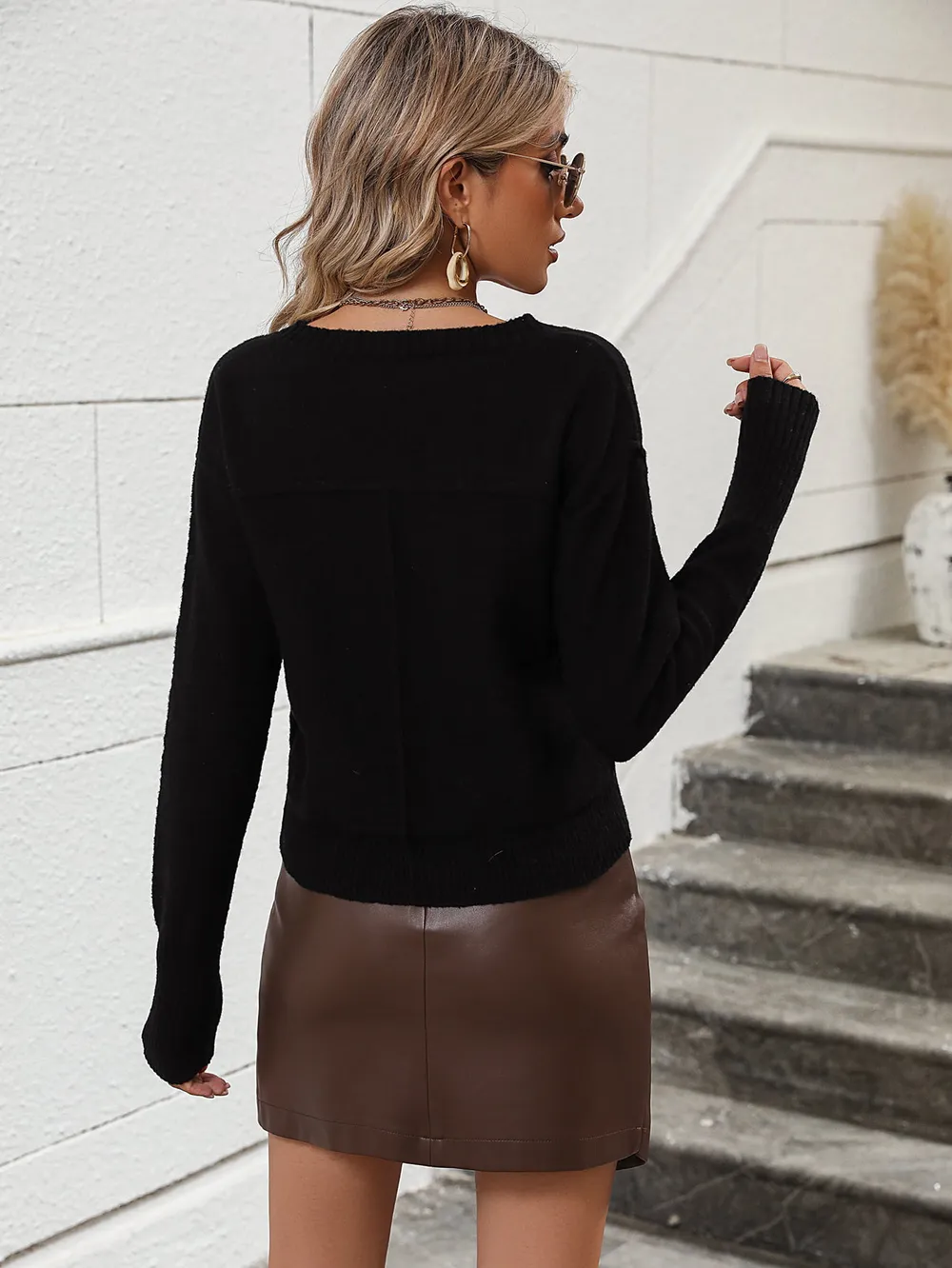 V-Neck Dropped Shoulder Long Sleeve Knit Top, image 18