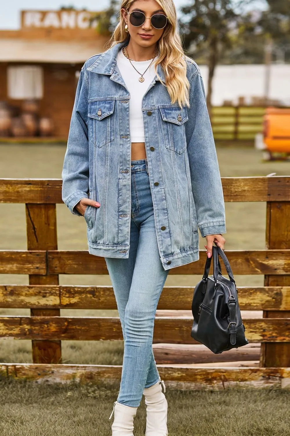 Buttoned Collared Neck Denim Jacket with Pockets, image 13