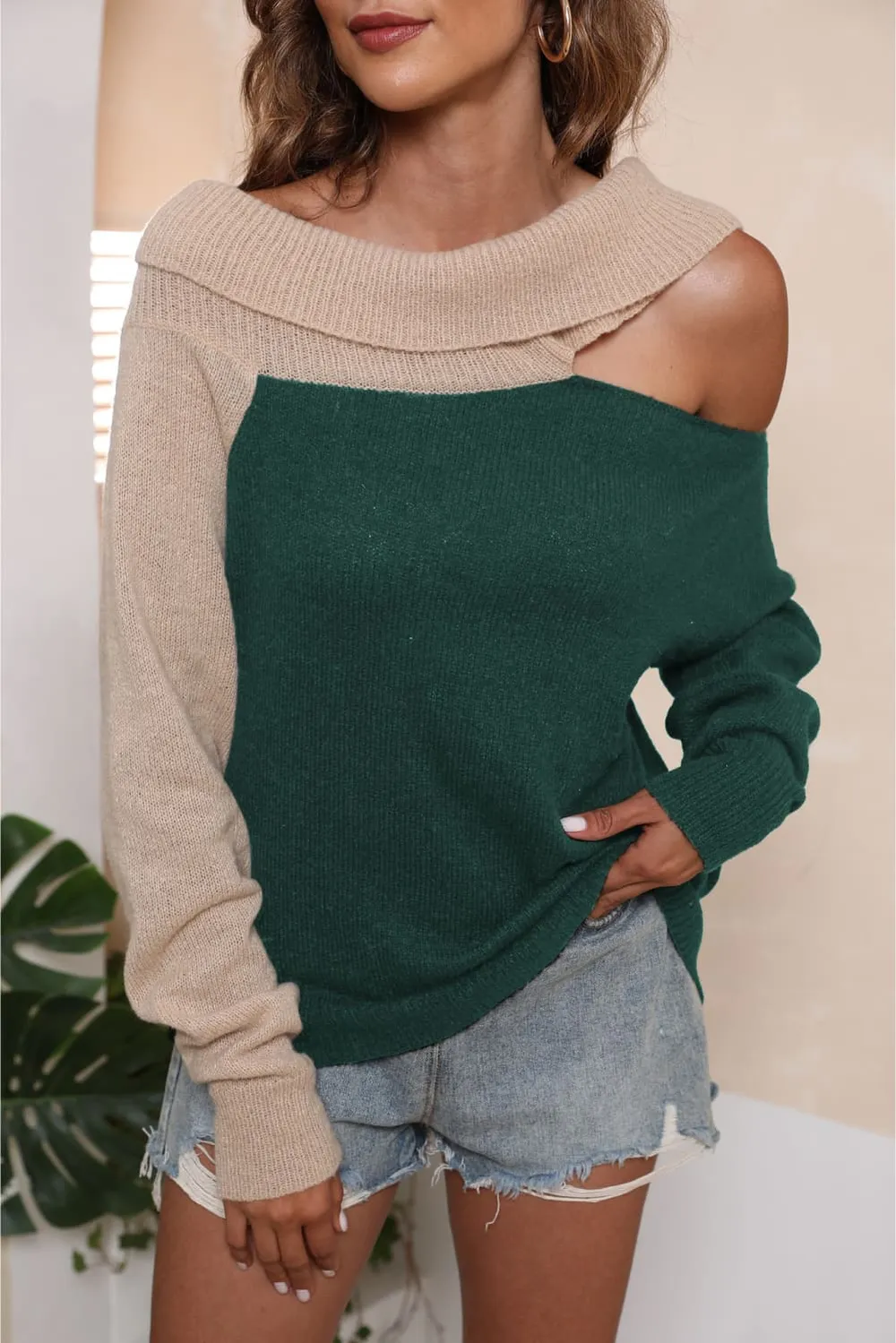 Asymmetrical Long Sleeve Two-Tone Cutout Sweater, image 11