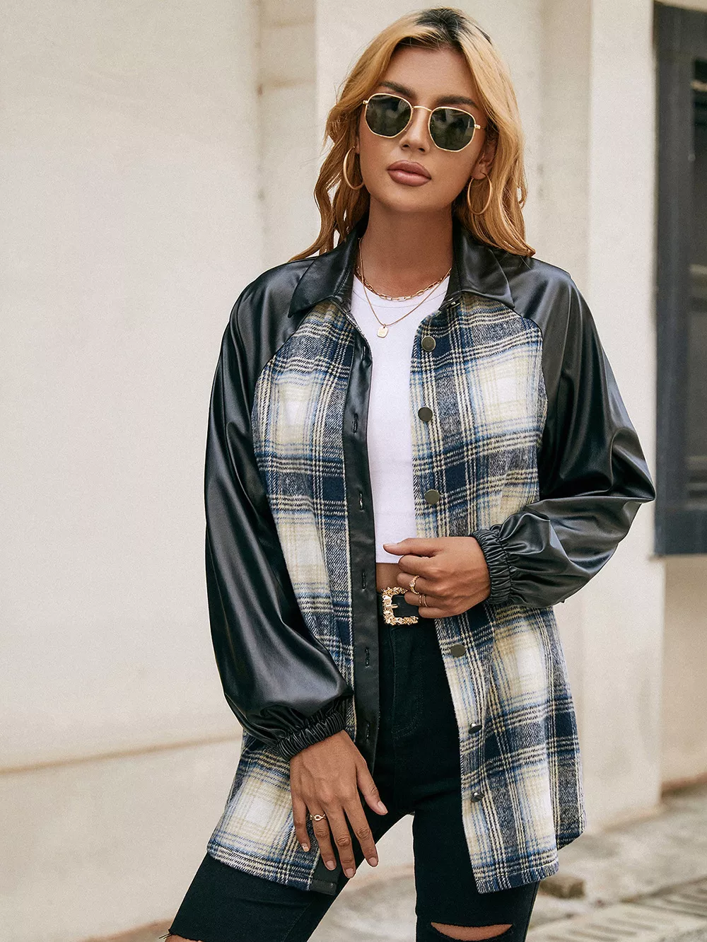 Plaid Button Down Raglan Sleeve Jacket, image 2