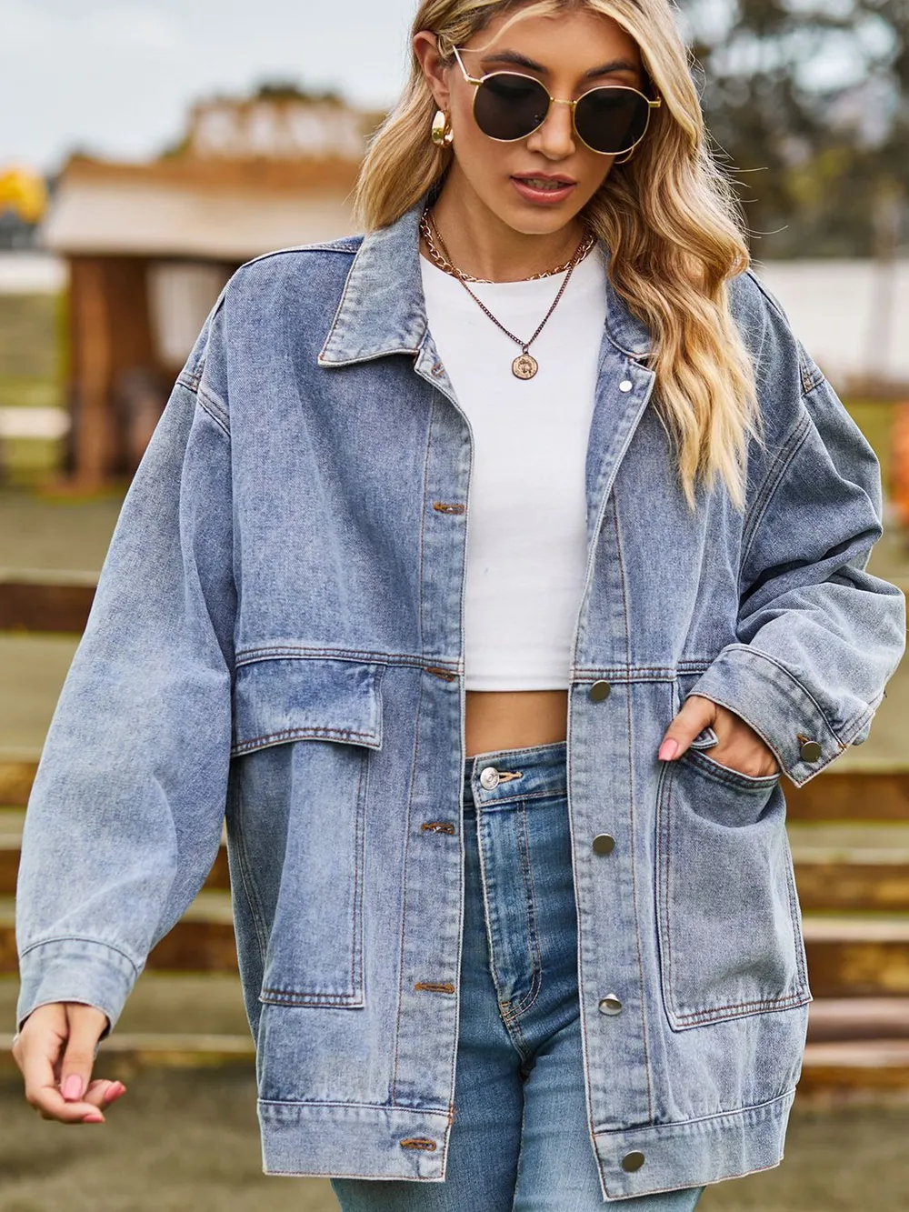 Dropped Shoulder Denim Jacket with Pockets, image 8