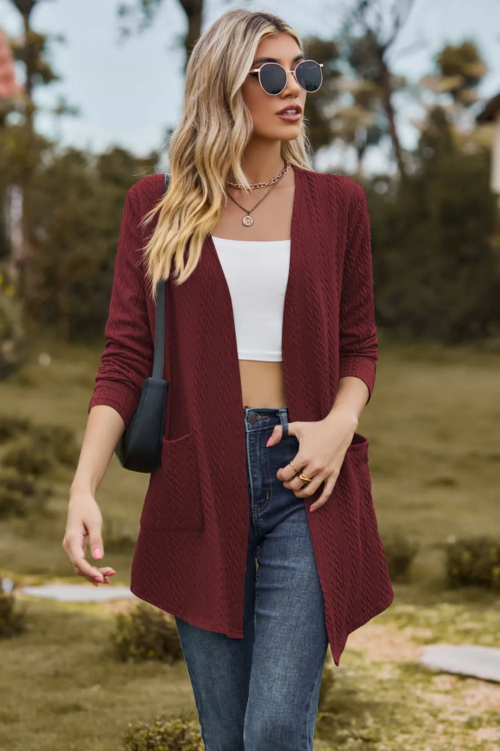 Cable-Knit Long Sleeve Cardigan with Pocket, image 9