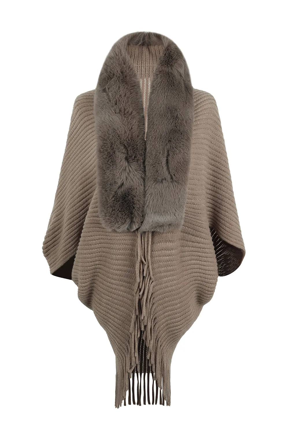 Fringe Detail Long Sleeve Ribbed Poncho, image 18
