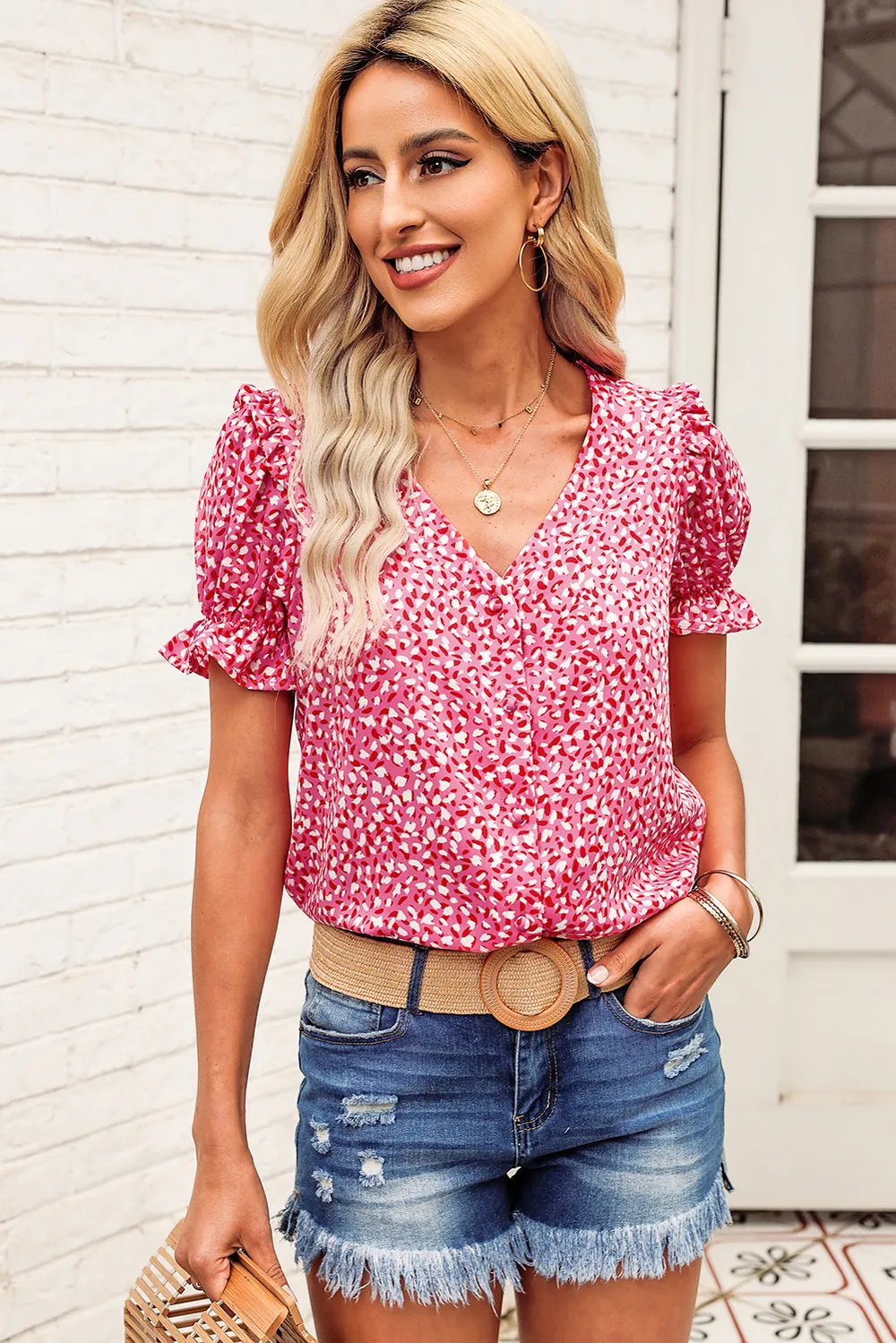 Printed Flounce Sleeve Plunge Blouse, image 5