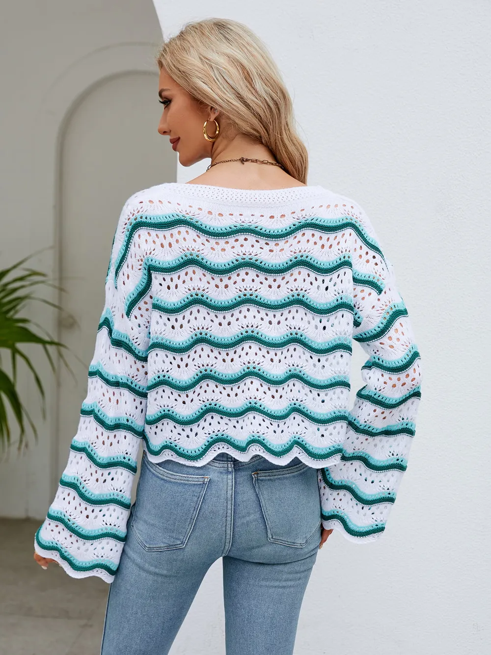 Round Neck Openwork Flare Sleeve Knit Top, image 9
