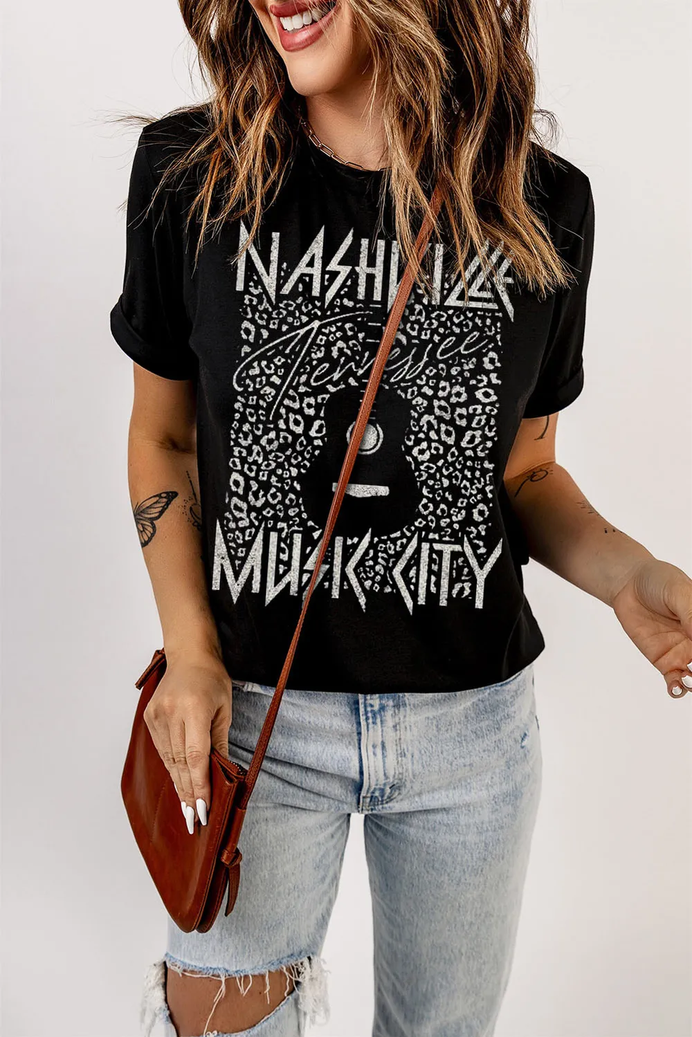 Graphic Cuffed Sleeve Round Neck Tee, image 4