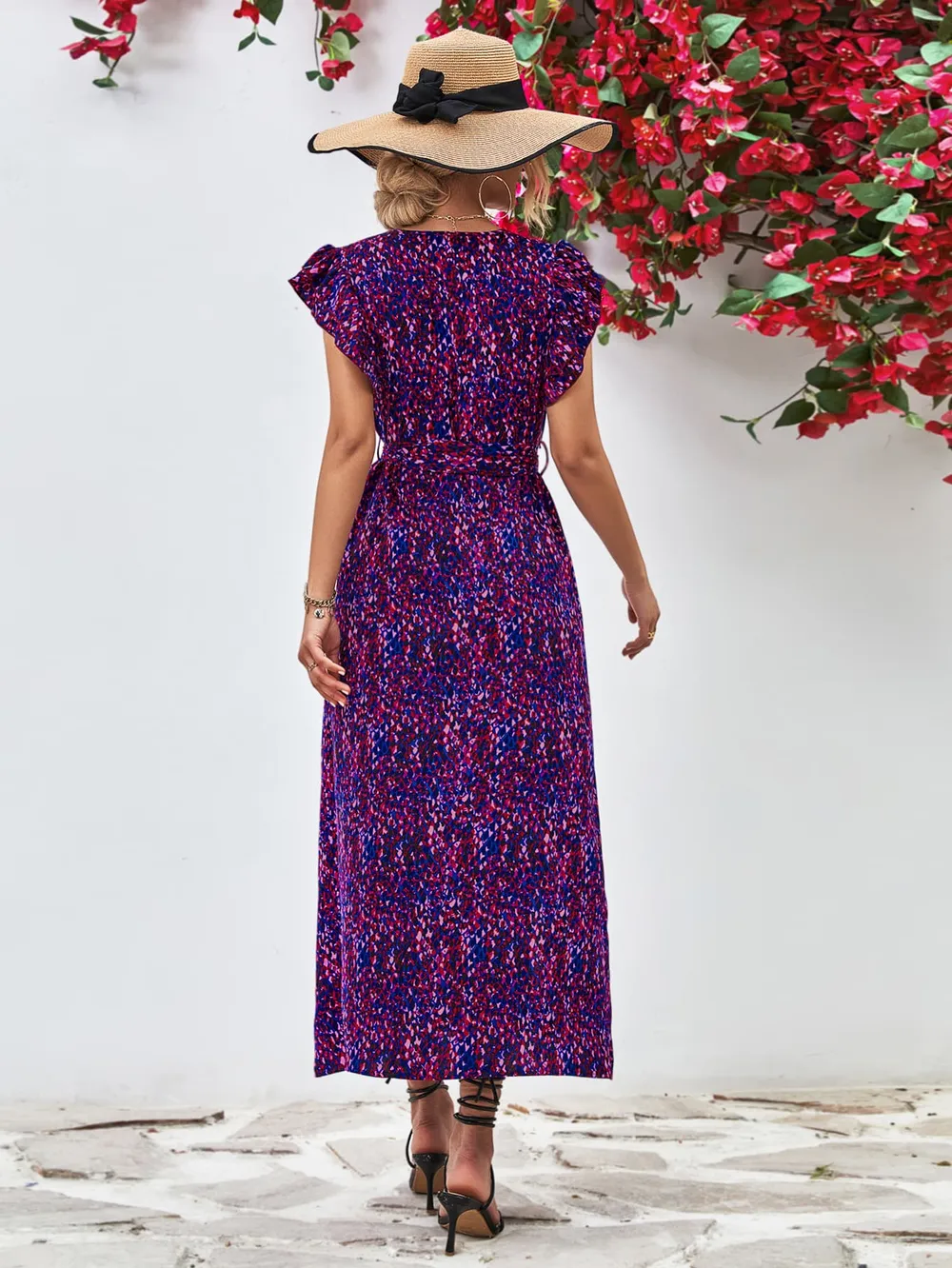 Printed Surplice Neck Flutter Sleeve Slit Dress, image 5