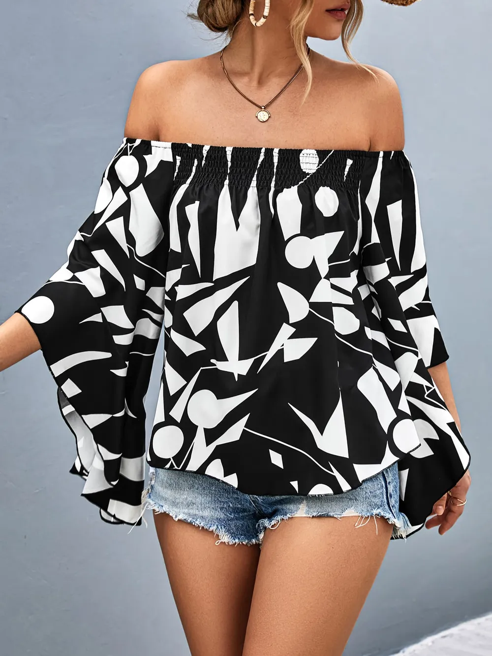 Printed Off-Shoulder Bell Sleeve Blouse, image 5