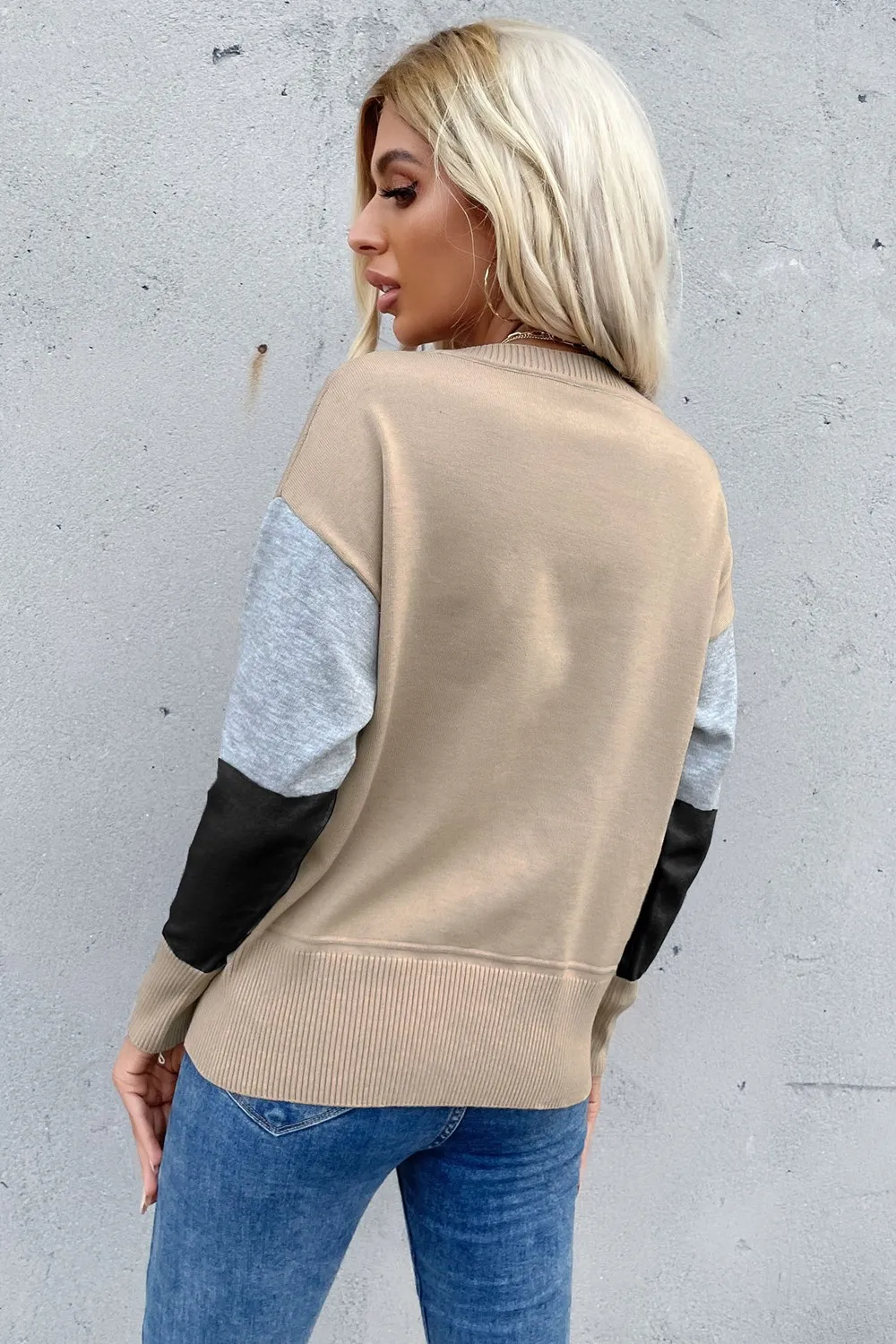 Color Block Ribbed Trim Round Neck Knit Pullover, image 5