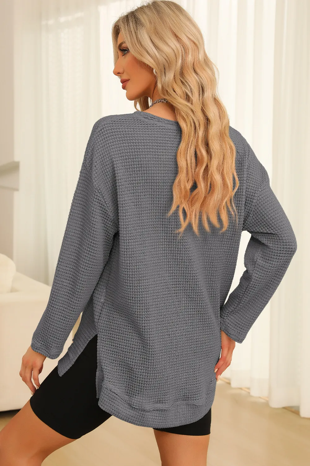 Waffle-Knit Round Neck Long Sleeve Sweatshirt, image 12